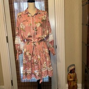 Miss June Blooming Short Dress L/S Lace Accents with Tie Belt OSFM Bohemian Chic